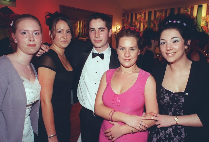 Laura Catchpole, Paula Shaw, David Campbell, Rebecca Smith and Louise Loxley at the Notre Dame Sixth Form Prom in 1999
