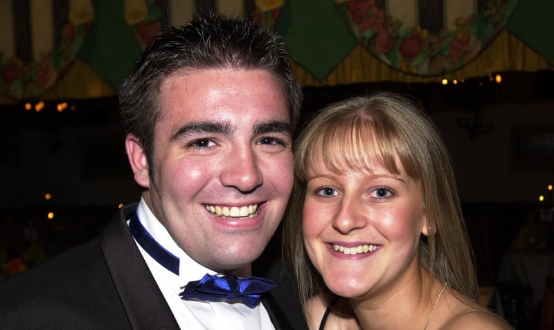 Christian Bark and Victoria Thwaites at the Notre Dame Sixth Form Prom, held at Baldwins Omega, in 2002  
