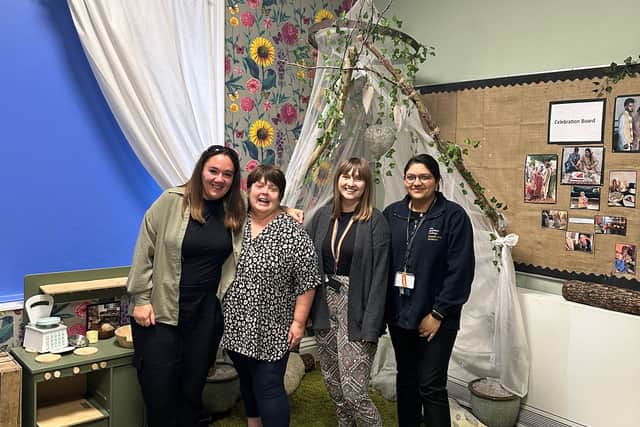 Ofsted repeatedly praised staff at Sheffield Hallam University Nursery for giving children meaningful interactions and rewarding them with praise and encouragement.  Pictured here are Jessica, Helen, Rachel, and Majeedah.