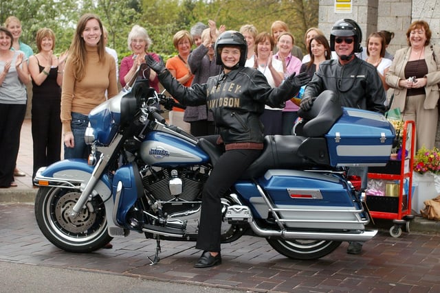 Sue Golden was over the moon when she got a ride on a Harley Davidson on her last day at the Inland Revenue offices in Washington in 2007.