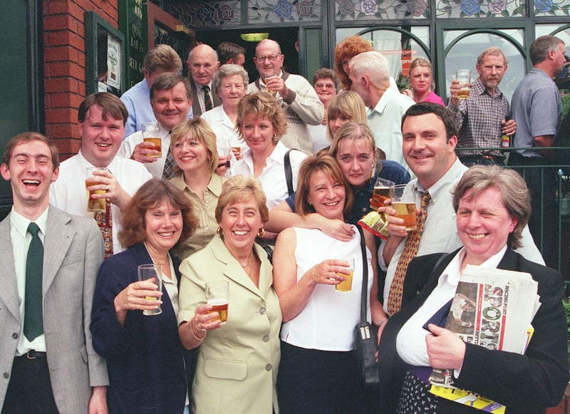 Wards Brewery workers having farewell drinks at the Norfolk Arms pub on Ecclesall Road, Sheffield, following the brewery's closure in 1999.