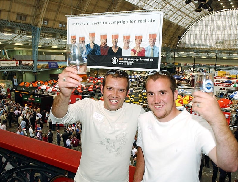 Paul Ward, head brewer, and Stuart Ross, assistant brewer, of Pale Island beer from the Kelham Brewery in Sheffield celebrate in 2004 after it was named the best beer in Britain at the Great British Beer Festival. Photo: Hazel Dunlop/Camra