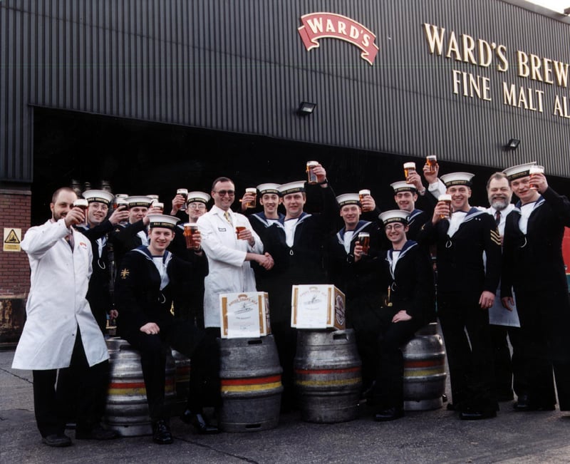 The crew of HMS Sheffield toasting Ward's Brewery during their visit in 1999. Paul Simpson, Ward's operation manager (second right) and Nick Bathie (centre), Ward's senior brewer, welcome the naval guests.