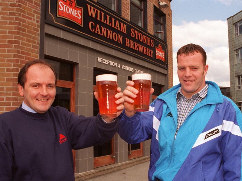 Brewery manager Nigel Haighton and Sheffield Eagles' Paul Broadbent enjoy a pint outside the Cannon Brewery. Photo: Sharron Bennett