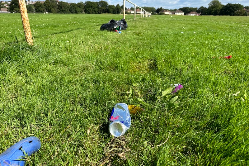 A whole range of rubbish has been left across the pitches including this footwear and drink can