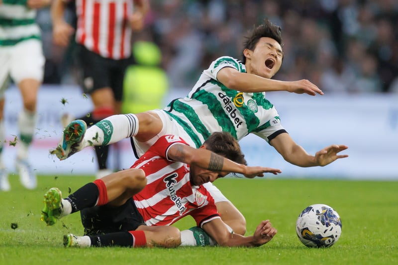 New signing Hyunjun Yang of Celtic is wiped out by the challenge of Benat Prados Diaz early in the second half.