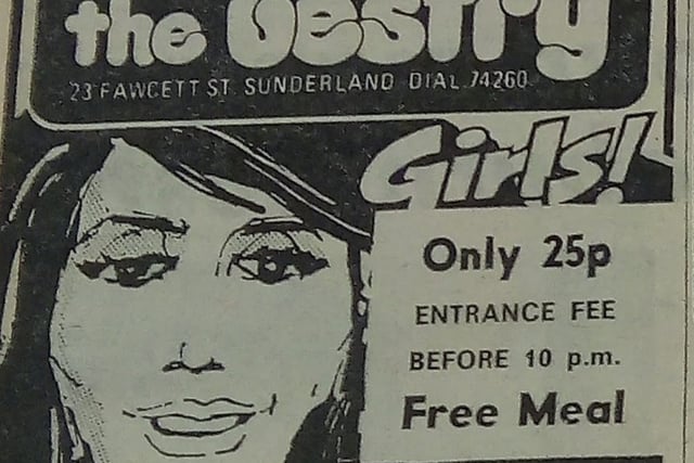 Free food and a 25 pence entry fee if you got along to The Vestry in Fawcett Street before 10pm in 1975.