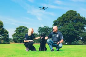 Rebecca (Operations Director at Coptrz) and Phil, founder of Drone to Home, with Travis the Dog