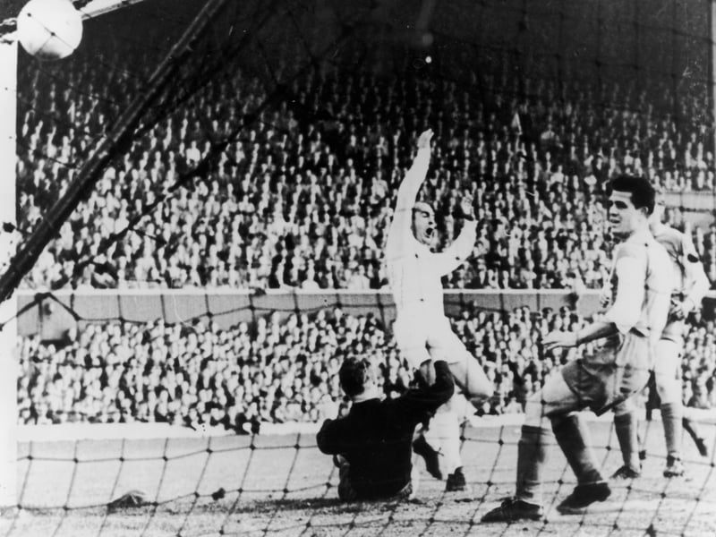 Alfredo Di Stefano of Real Madrid scores his team’s second goal during the European Cup Final against Eintracht at Hampden Park, Glasgow. Real Madrid won 7-3 against Eintracht Frankfurt.