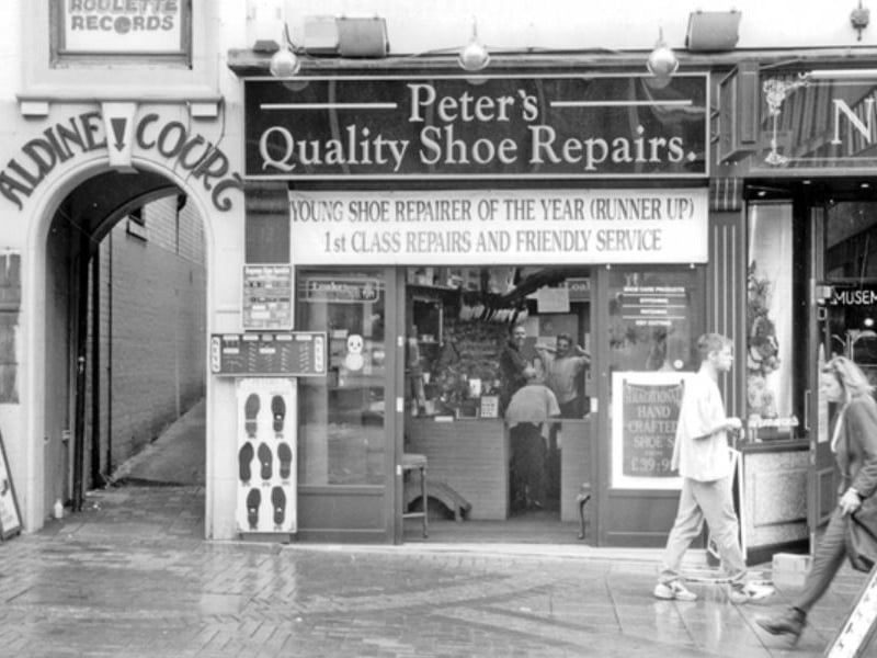 Peter's Quality Shoe Repairs, on High Street, Sheffield city centre, beside the entrance to Aldine Court, in June 1996. Photo: Picture Sheffield