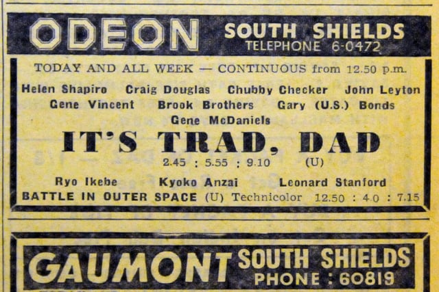 How about a trip to the pictures. The Odeon was showing ‘It’s Trad, Dad’ in this 1962 movie starring Helen Shapiro, Chubby Checker and Gene Vincent.