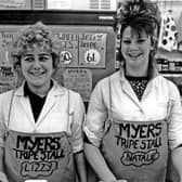 Natalie Myers and Elizabeth Eason on the tripe stall at Sheffield's Castle Market in November 1988. Photo: Picture Sheffield/T. Davies, Sheffield Photographic Society