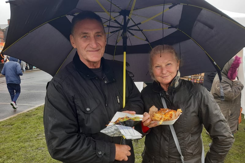 Seaham Food Festival regulars Dennis and Doris Tilmour braving Storm Antoni.