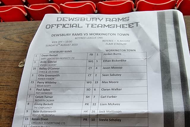 Team sheet for Dewsbury Rams versus Workington Town