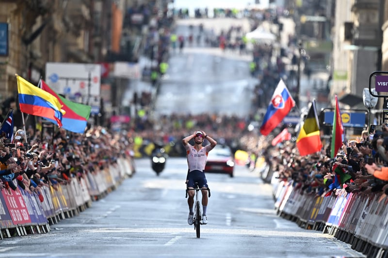 Mathieu van der Poel reacts after winning the men’s Elite Road Race at the Cycling World Championships with him being pictured riding along St Vincent Street. 