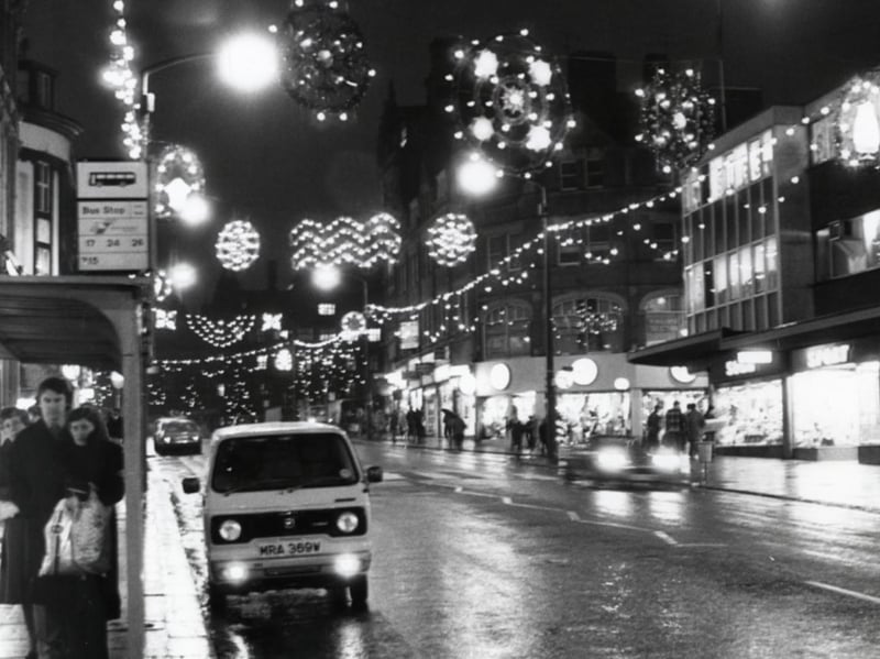 Christmas illuminations on Pinstone Street, Sheffield city centre, in 1980. Photo: Picture Sheffield