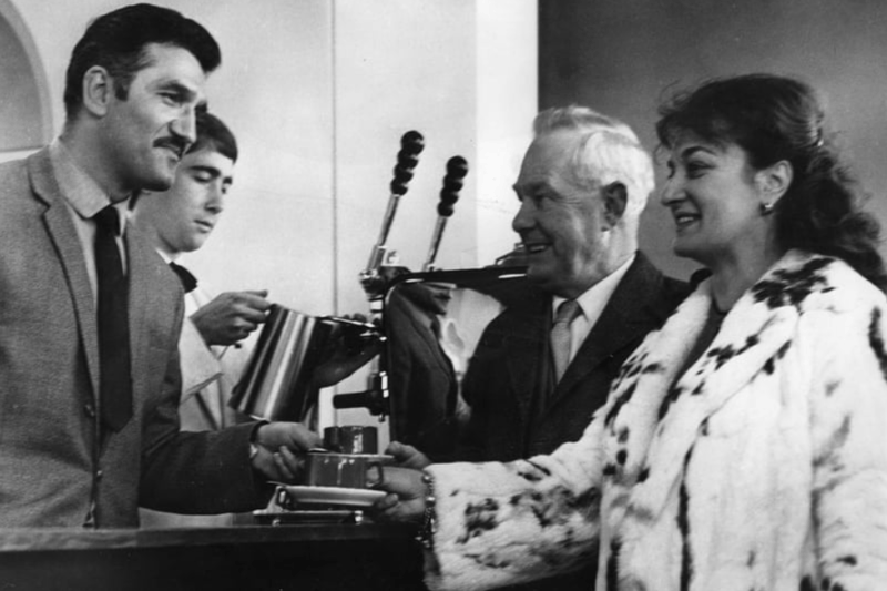 A November 1966 photo showing the new bar at Wouldhave House with Lennard May - South Shields entertainments official - and Mrs Franchi being served coffee by Michael Franchi. Photo: Shields Gazette