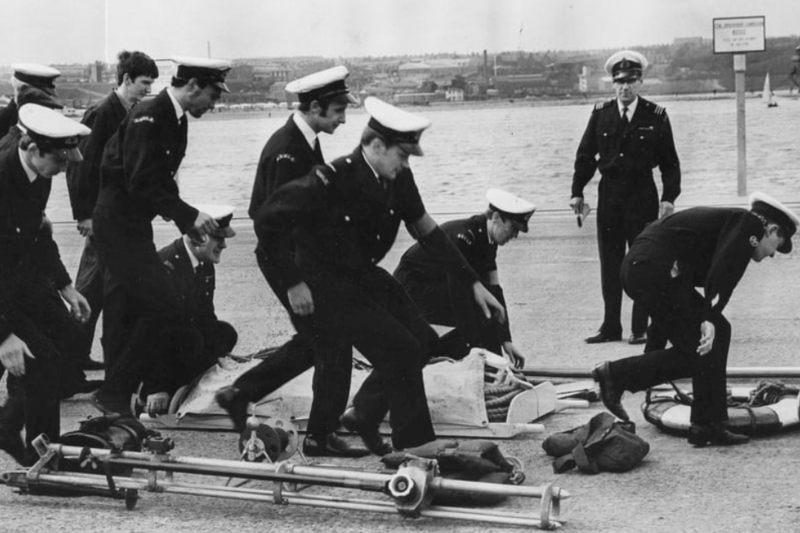 Members of South Shields Volunteer Life Brigade taking part in a mock rescue in May 1968. Photo: Shields Gazette