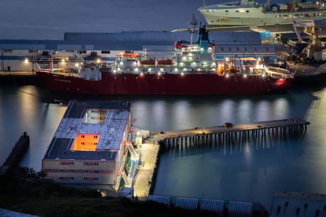 The Bibby Stockholm accommodation barge at Portland Port in Dorset