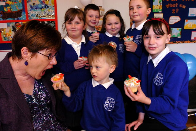 Sue Adshead takes a bite from one of the 400 cupcakes made at Southwick Primary School.
It was all part of a birthday celebration for the school.