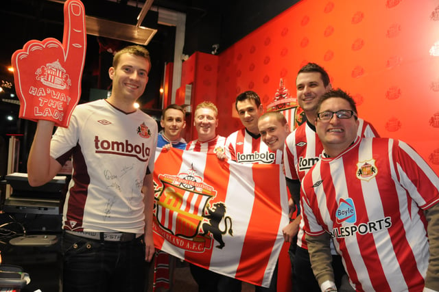 Andrew McGuinness (left) Anthony Daglish, Graeme Bone, Mark Atchison, Lee McGuinness, David Carr and Peter Quinn. 
The Sunderland fans were preparing to appear on the TV show Soccer AM in 2012.