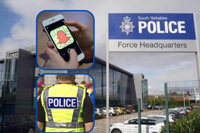 A South Yorkshire Police officer was recorded using an 'offensive word' on a Snapchat video, a misconduct panel has found. Bottom left picture is a stock image, posed by a model