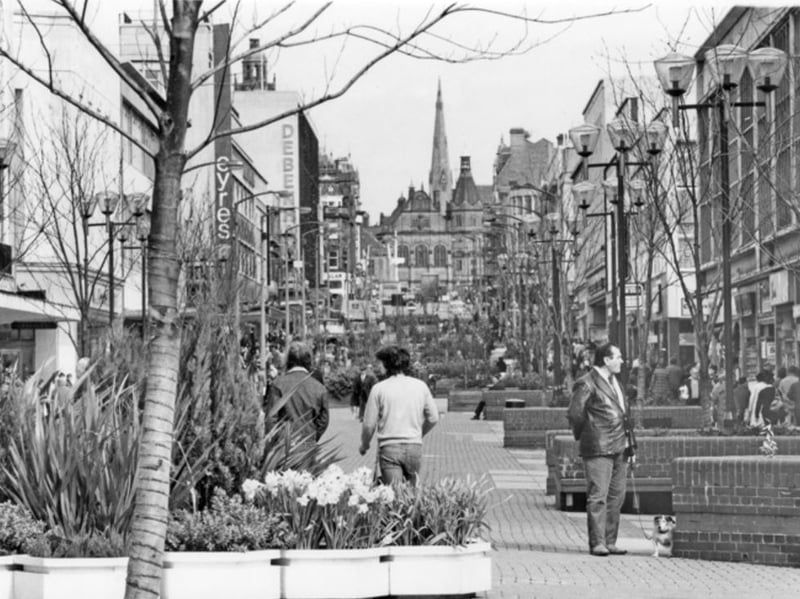 The Moor looking towards Sheffield Town Hall in 1981, with Eyres and Debenhams in the background. Photo: Picture Sheffield