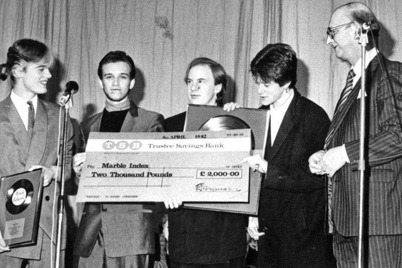 Harton Comprehensive School's pop group Marble Index received trophies and a cheque from Mr Douglas Robinson, general manager of TSB North-East, as their prize for winning the TSB sponsored Rock School competition in conjunction with the BBC. Remember this from 38 years ago? Photo: Shields Gazette