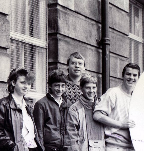 King Edward VII School pupils pictured with a satellite dish in October 1986