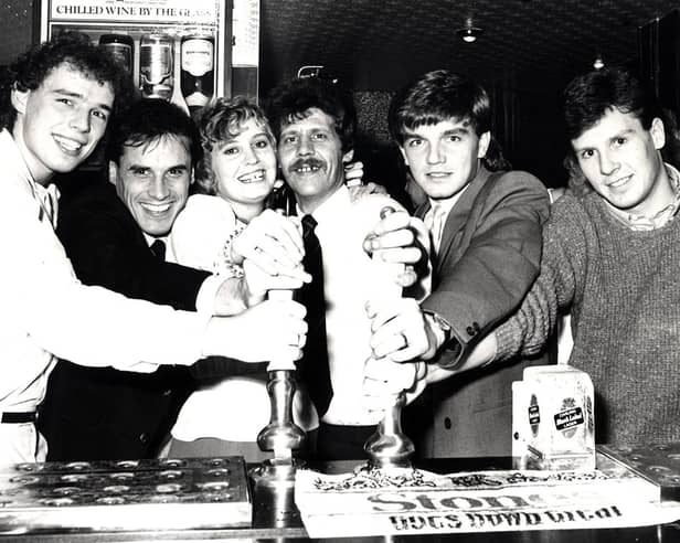 Re-opening of the Arbourthorne Hotel by Sheffield United  and Sheffield Wednesday players, with, from left, Mel Sterland, Gary Shelton, Josieand Tery Fisher (landlord and landlady) Charlie Williamson and Russell Black, in December 1984