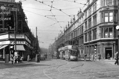 A view up Maryhill Road from St George’s Road with features of the former Bank of Scotland building still noticeable. 