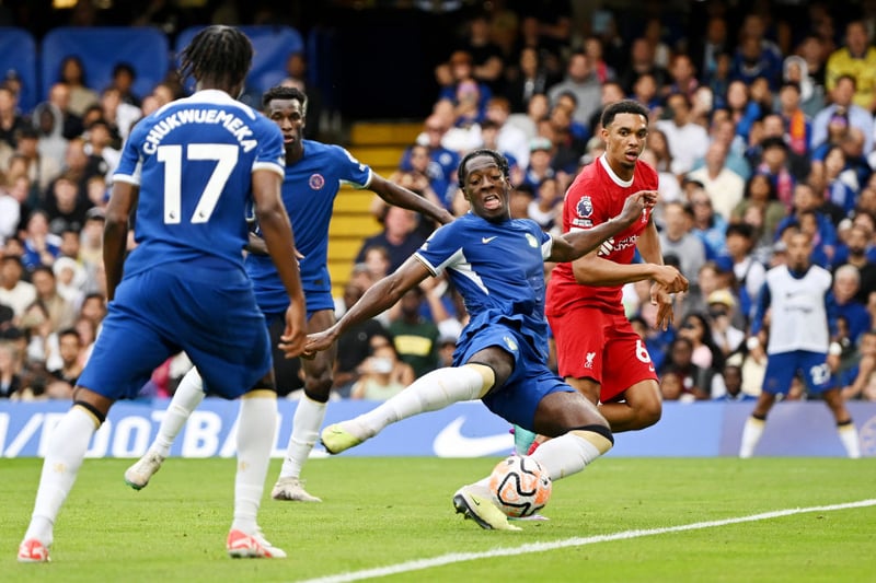 Axel Disasi of Chelsea scores the team’s first goal during the Premier League match between Chelsea FC and Liverpool  (Photo by Shaun Botterill/Getty Images)