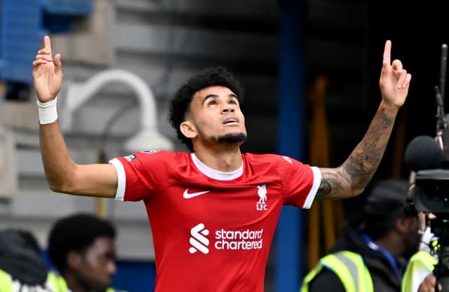 Luis Diaz Of LIverpool celebrates after scoring the first goal   during the Premier League match between Chelsea FC and Liverpool FC at Stamford Bridge on August 13, 2023 in London, England. (Photo by Andrew Powell/Liverpool FC via Getty Images)