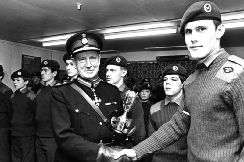 Sir James Steel, Lord Lieutenant of Tyne and Wear, presents the trophy for the best cadet to Cadet Philip Farrel at an open night held by No 324 (South Shields) Squadron, Air Training Corps at their headquarters at Northfield Gardens. Photo: Shields Gazette