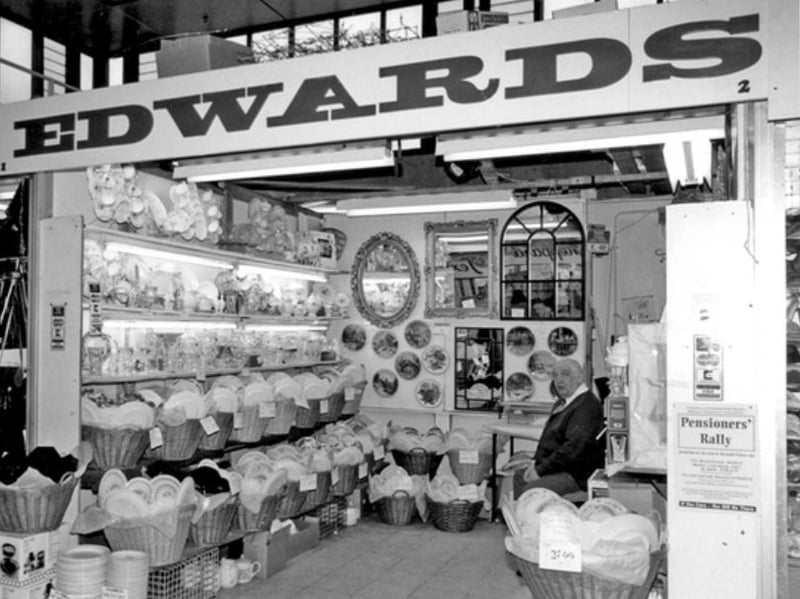 Mick (Potty) Edwards at his china and crockery stall in the old Sheaf Market, in Sheffield city centre, in March 1993. Photo: Picture Sheffield/Sheffield Newspapers