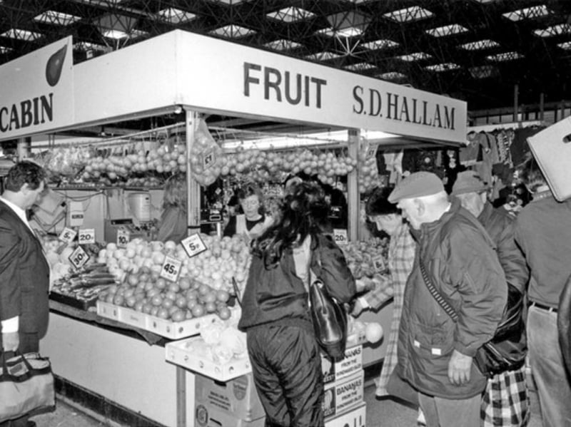 The S. D. Hallam fruit stall at Sheffield's Sheaf Market in March 1993. Photo: Picture Sheffield/Sheffield Newspapers