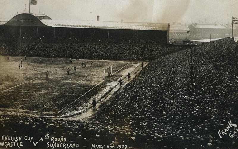 This is a picture postcard showing the pitch and crowd during the FA Cup quarterfinal between Newcastle United and Sunderland AFC at St. James Park, Newcastle, 6 March 1909  (Tyne & Wear Archives & Museums)