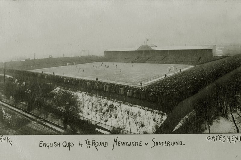 This is a picture postcard of St James Park, Newcastle upon Tyne during the FA Cup quarterfinal between Newcastle United and Sunderland AFC, 6 March 1909 