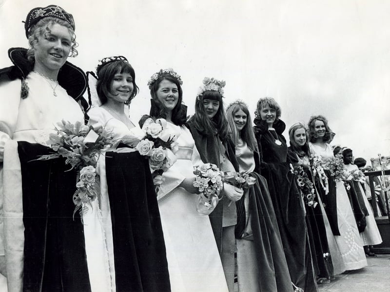 A host of Sunday School May Queens on the raised dias at Firth Park for the annual Whit Sing in May 1970