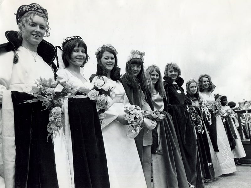 A host of Sunday School May Queens on the raised dais at Firth Park for the annual Whit Sing in May 1970