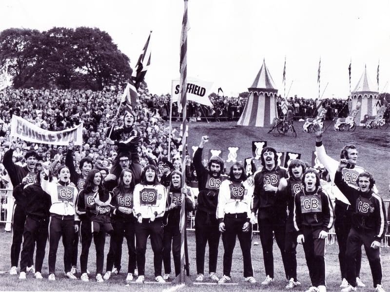 Members of the British team in a happy mood at the start of the It's a Knockout competition in Norfolk Park, Sheffield, in August 1972