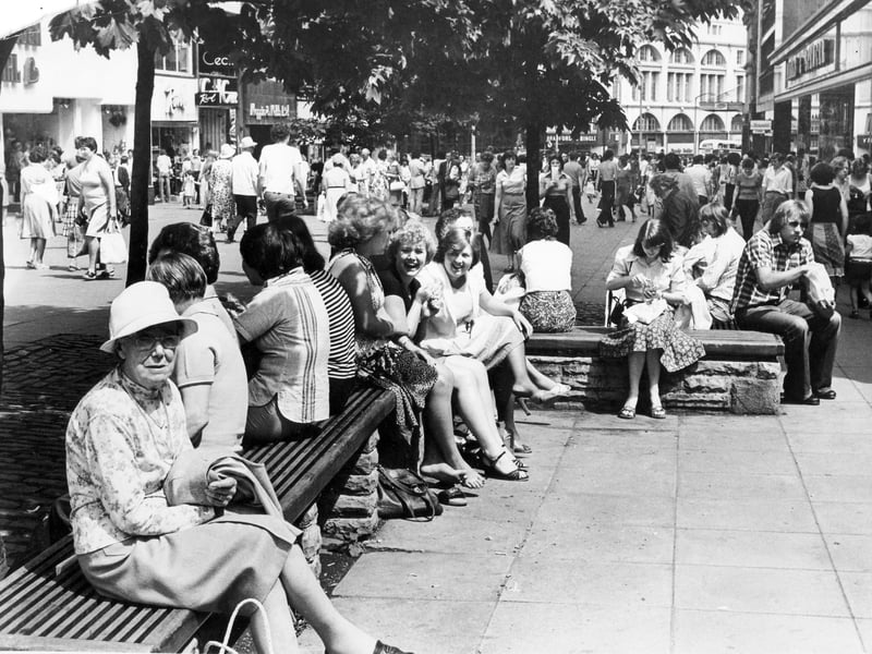 Shoppers on Fargate, in Sheffield city centre, enjoying the sunshine on June 2, 1978