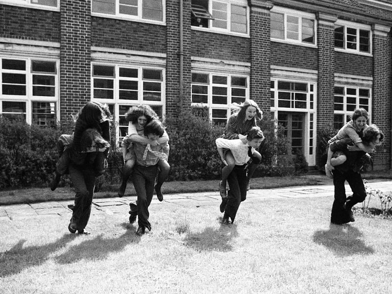 Pupils making the most of their lunch break at High Storrs School, Sheffield, in 1976. Photo by Pete Hill