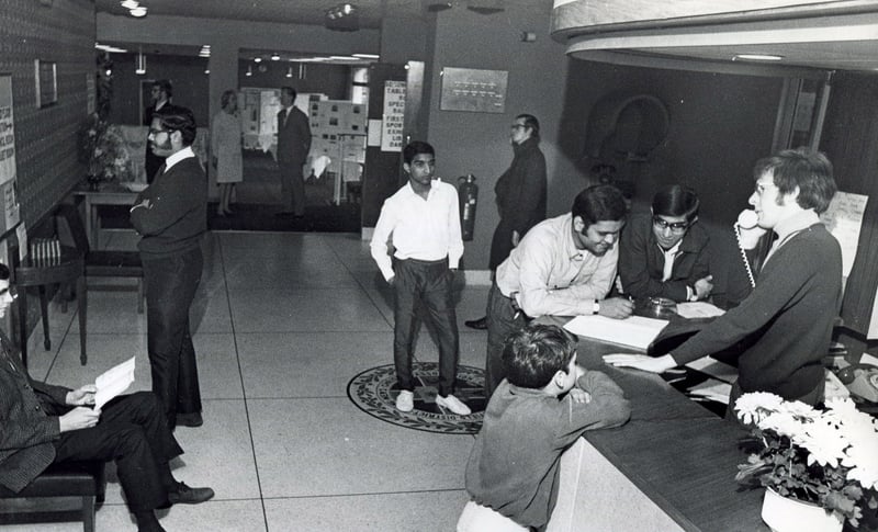 Sheffield's new YMCA headquarters in Broomhall opened officially in March 1970. This photo shows the foyer and reception desk.