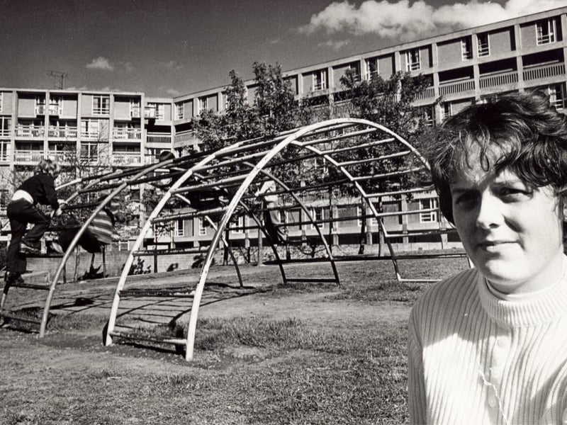 Kathleen Duncan, member of the Park Hill School Managers, guards the playground in 1976