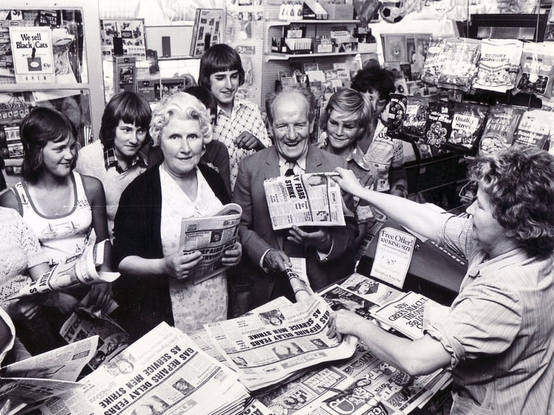 A busy newsagents shop in Crookes, Sheffield, in August 1976