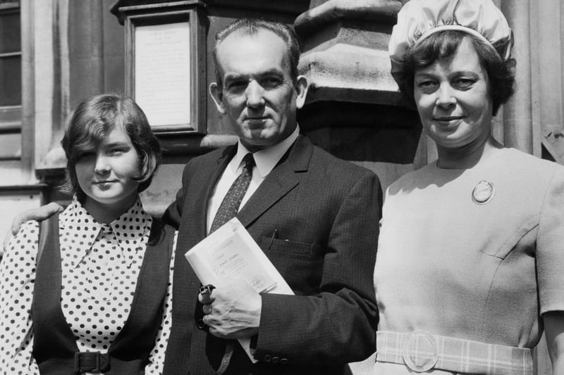 British politician Wallace Lawler (1912 - 1972), the new MP for Birmingham,  Ladywood, arrives at the House of Commons with his wife Catherine and daughter Anne, after his victory in the by-election, 8th July 1969. He will be the Liberal spokesman on housing. (Photo by Ted West/Central Press/Hulton Archive/Getty Images)