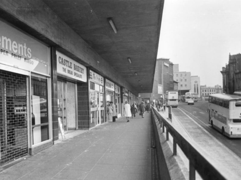 Flat Street, Sheffield city centre, in October 1979, showing Arcadia  Amusements, Castle Bakery and Friary One. Photo: Picture Sheffield/Sheffield Newspapers