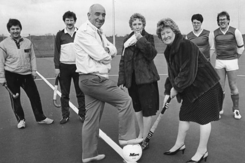 The Mayor of South Tyneside, Coun Mrs Cecilia Pearson, blows the whistle on the Mayoress, Coun Mrs Marie Coyle and Coun Gerry Graham, chairman of the Town Development Committee, when she opened the new all-weather soccer and hockey pitch at Temple Park 1978. Photo: Shields Gazette