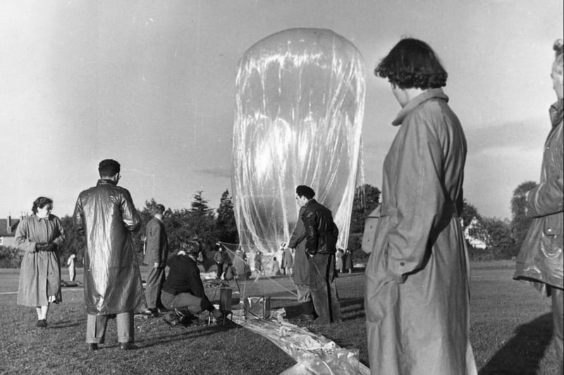  An alkathene balloon developed by a team from Bristol University’s Physical Laboratory is about to go up. The balloon was designed to survive the rigours of atomic research in the stratosphere. 